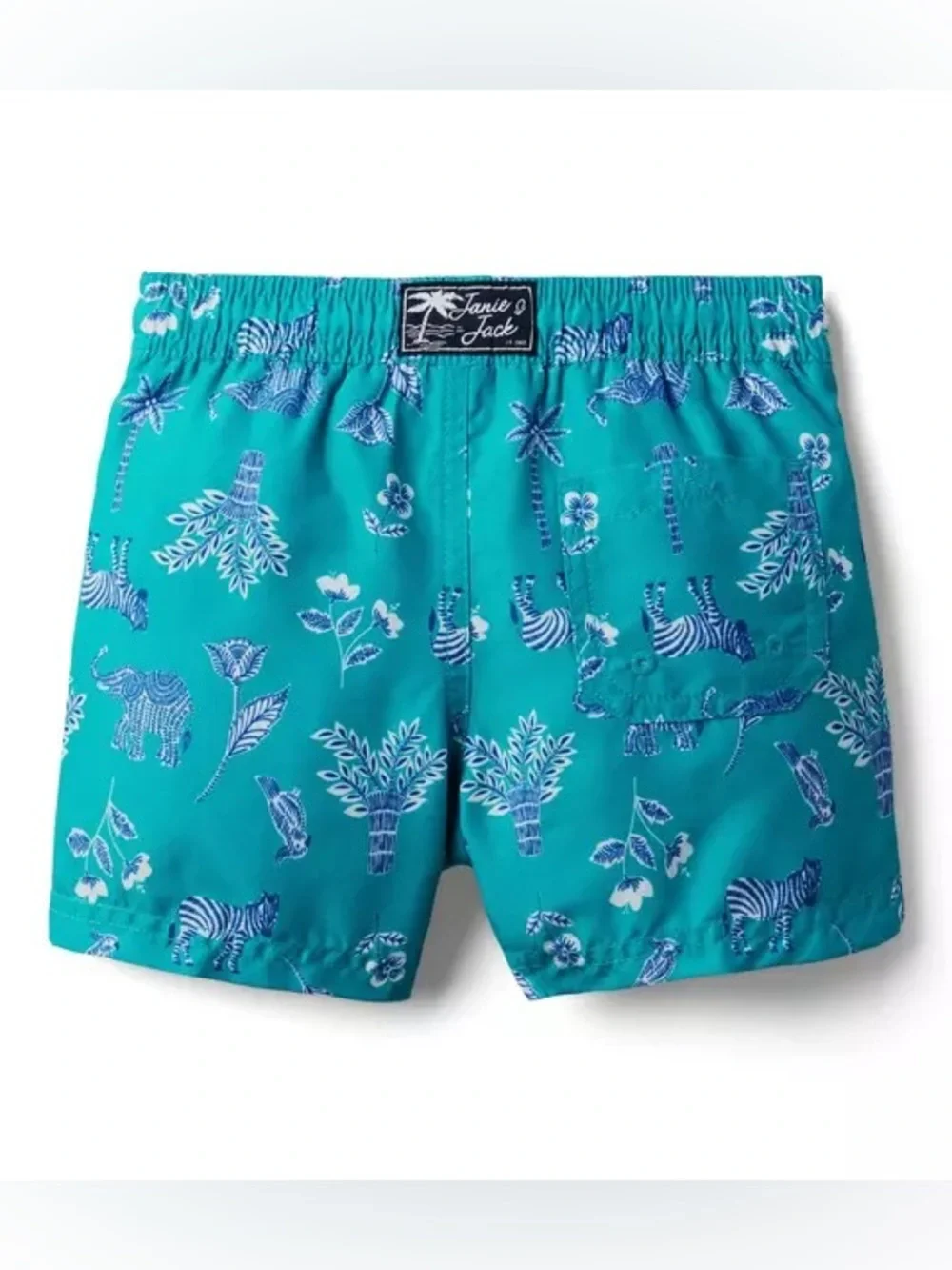 Janie and Jack Teal World Love Swim Trunks with Animal Print